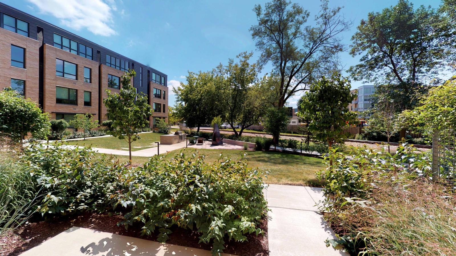 Courtyard view from patio at Quarter Row Apartments