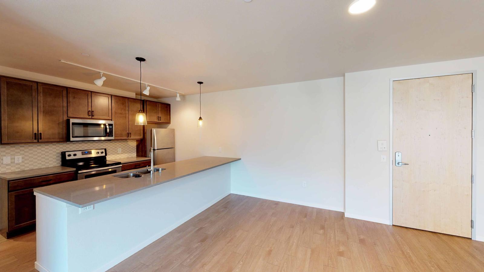 Modern apartment kitchen at Quarter Row Apartments in downtown Madison featuring sleek cabinetry, quartz countertops, and stainless steel appliances.