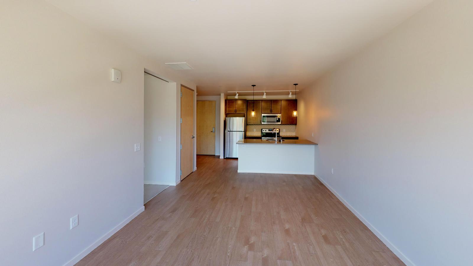 Stylish one-bedroom apartment at Quarter Row Apartments featuring sleek cabinetry, quartz countertops, and stainless steel appliances in downtown Madison.
