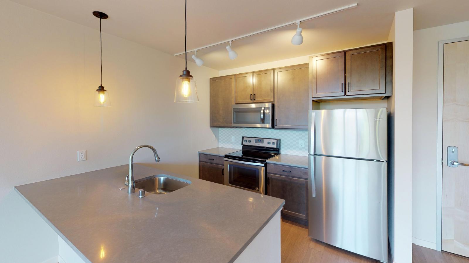 Spacious one-bedroom apartment at Quarter Row Apartments featuring a modern kitchen with quartz countertops and sleek finishes in downtown Madison.