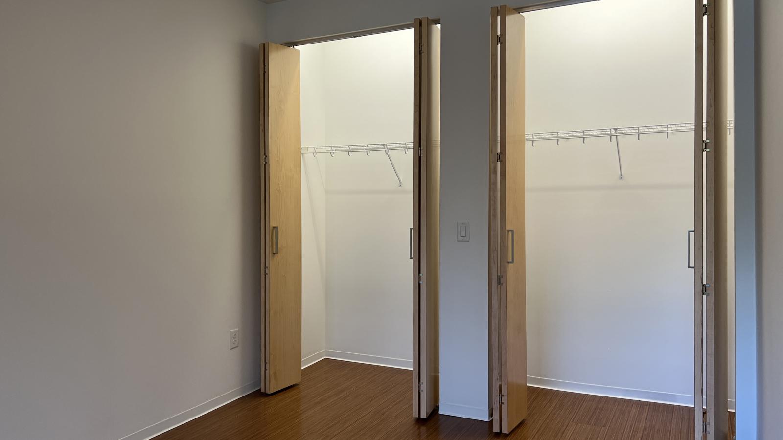 One bedroom apartment with ample closet storage in a one bedroom at SEVEN27 in downtown Madison
