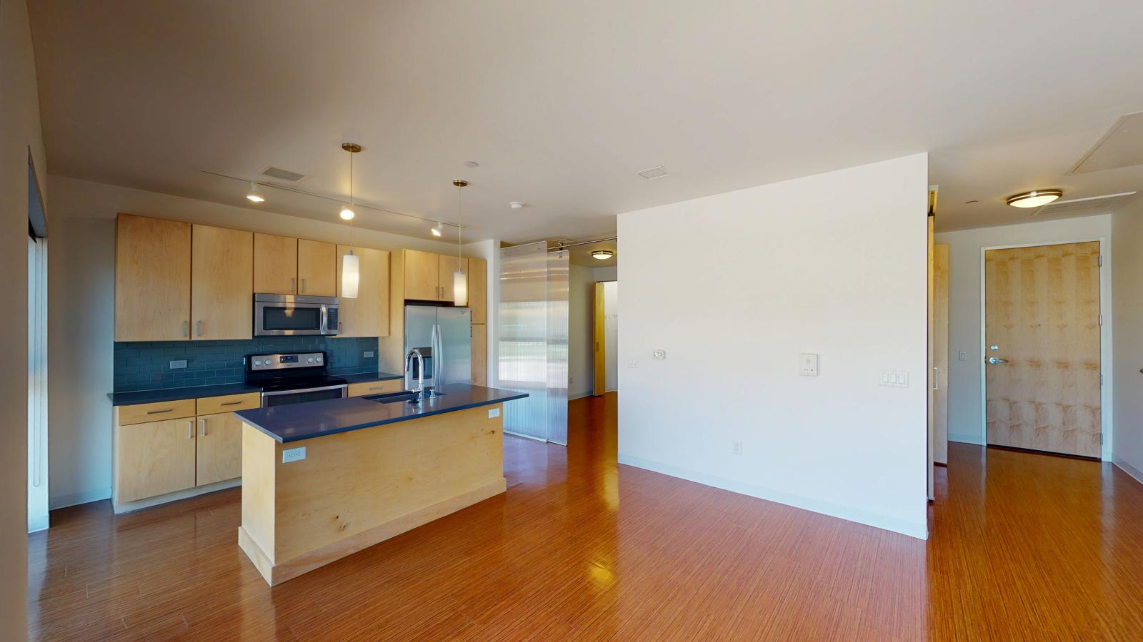 Luxury kitchen with quartz countertops and soft close cabinets in a courtyard facing one bedroom at SEVEN27 in downtown Madison