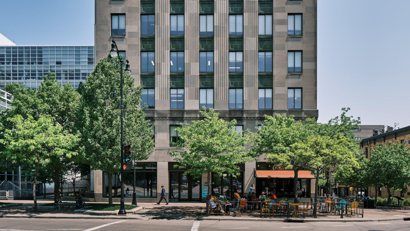 Historic Tenny Plaza exterior showing retail and office space on the Capitol Square Downtown Madison