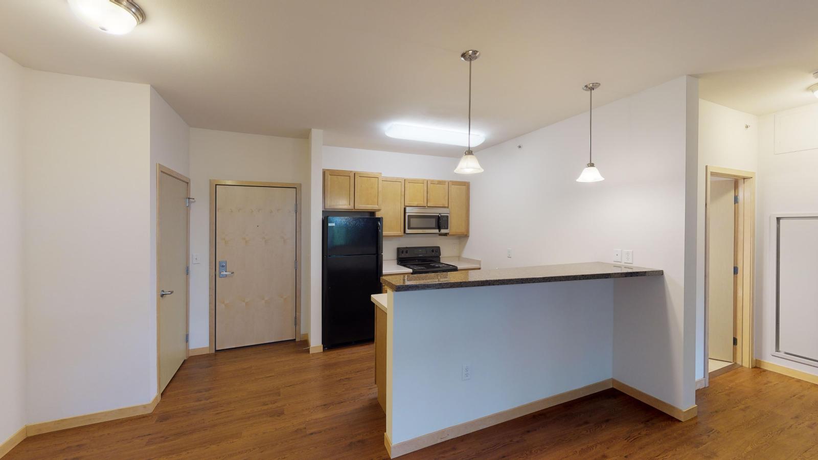 One bedroom apartment featuring a standard kitchen with ample counter space at The Depot in downtown Madison