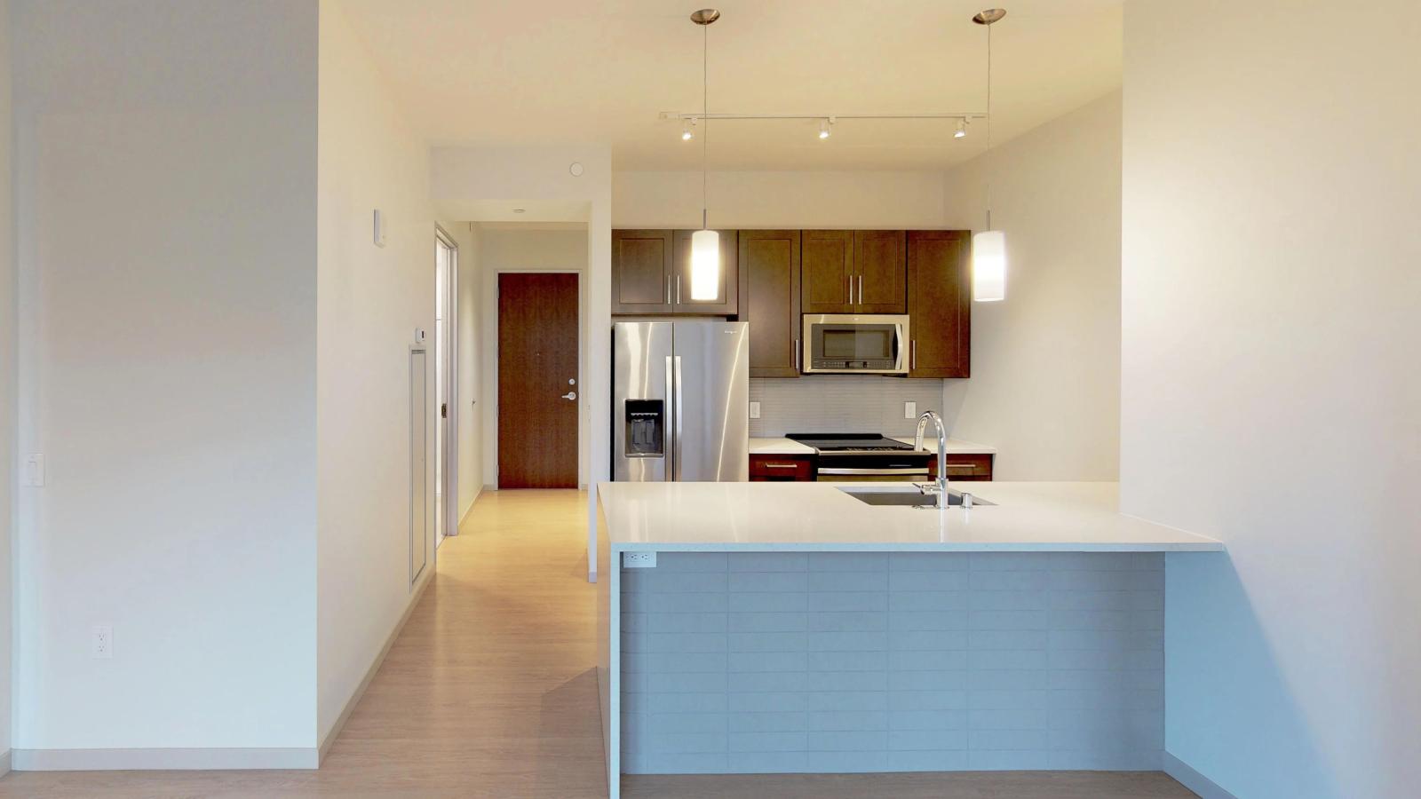 Open and airy one-bedroom apartment at The Pressman Apartments in downtown Madison with a stylish kitchen and sleek design.