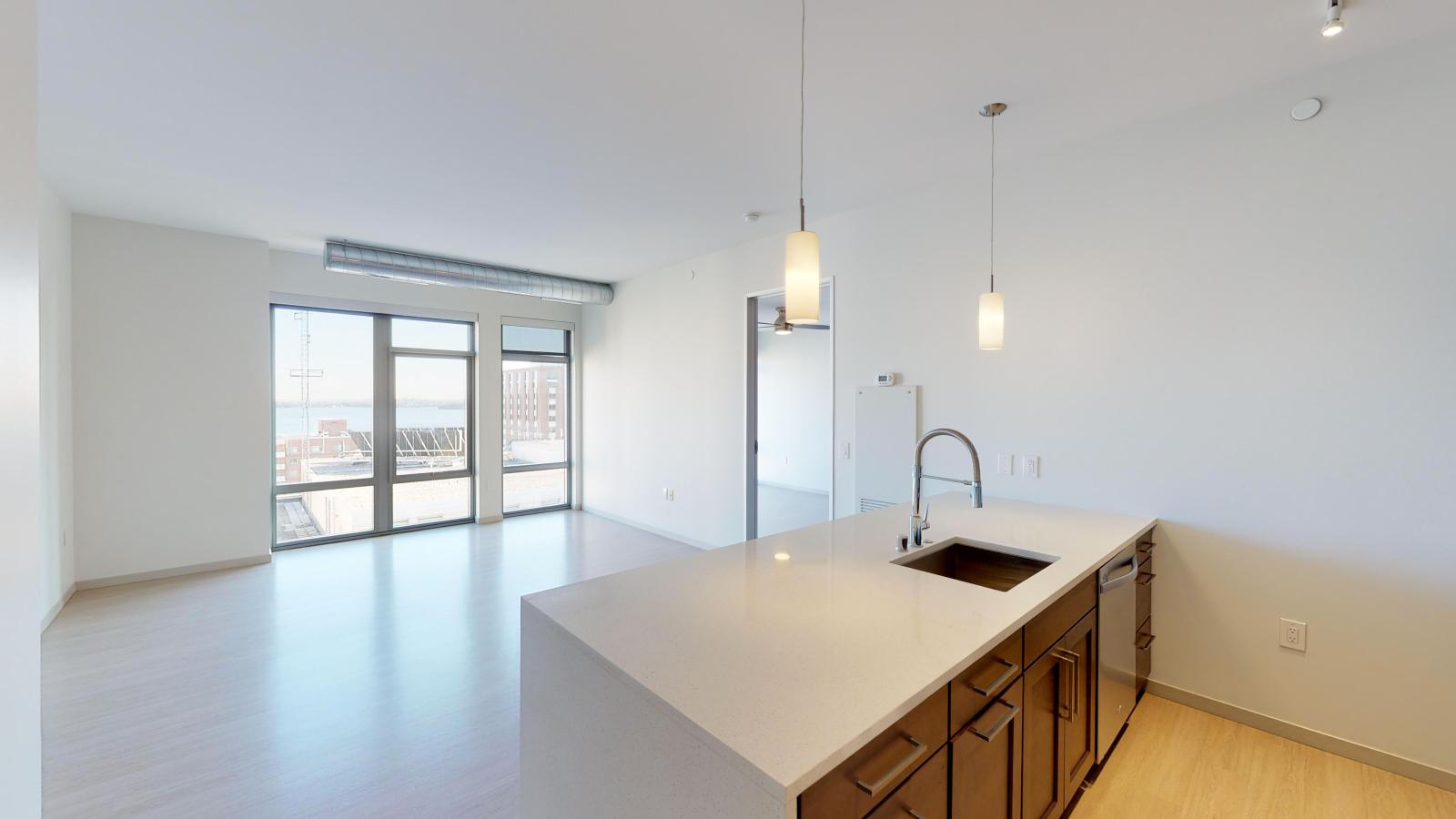 Bright one-bedroom apartment at The Pressman in downtown Madison with open-concept living and lake views.