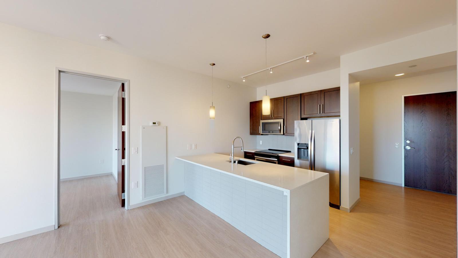 The Pressman apartment in downtown Madison featuring an open-concept kitchen with a glass tile backsplash and high-end finishes.