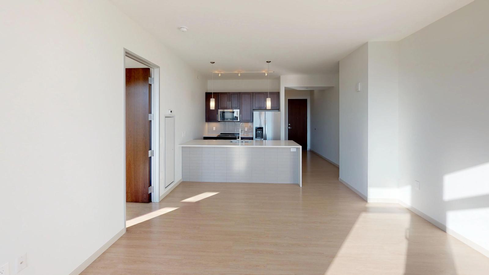 Modern apartment kitchen at The Pressman in downtown Madison featuring quartz countertops, sleek cabinetry, and stainless steel appliances.