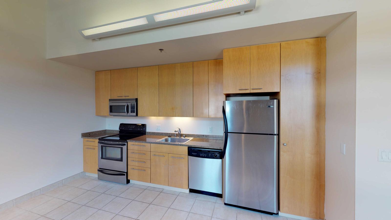 One bedroom apartment with an industrial style kitchen featuring granite countertops at Tobacco Lofts