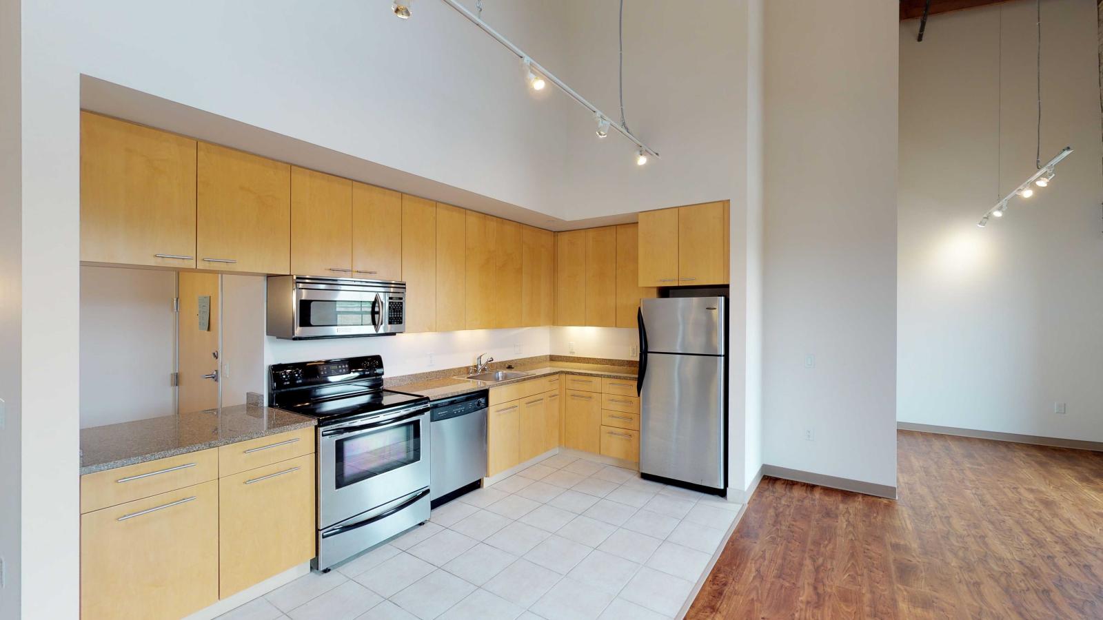 Non lofted two bedroom apartment with an open concept kitchen, modern lighting, and stainless steel appliances at Tobacco Lofts