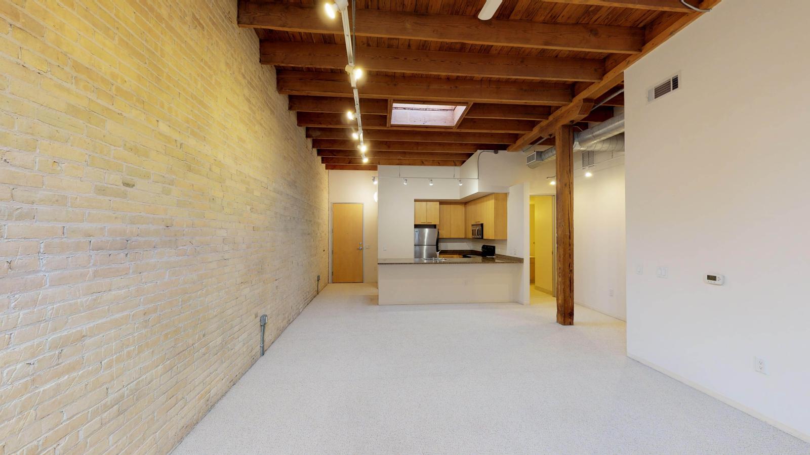 Bright one bedroom apartment with skylight, exposed brick, and high ceilings at Tobacco Lofts