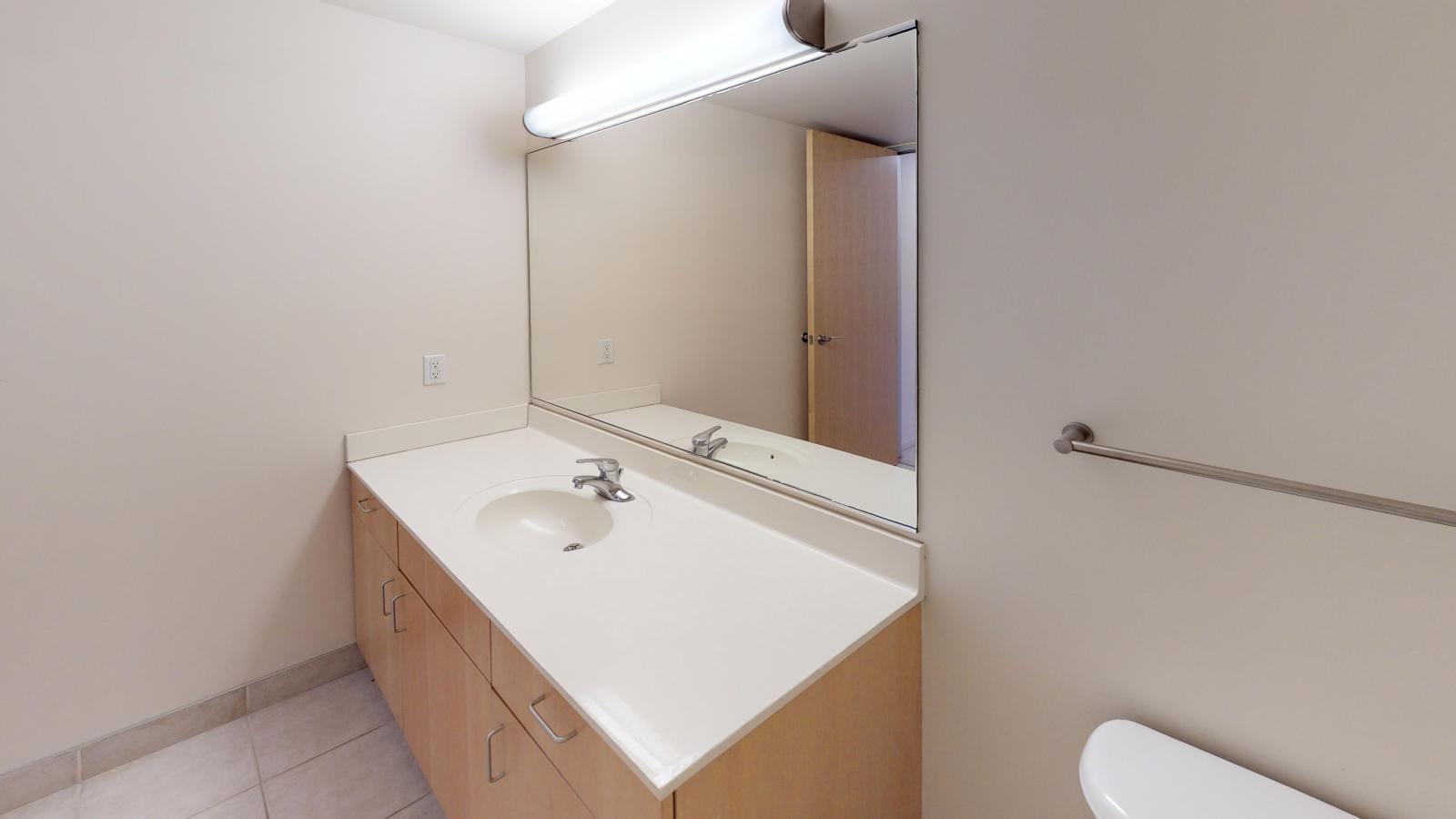 Spacious bathroom with contemporary vanity and soft industrial finishes in a one bedroom at Tobacco Lofts