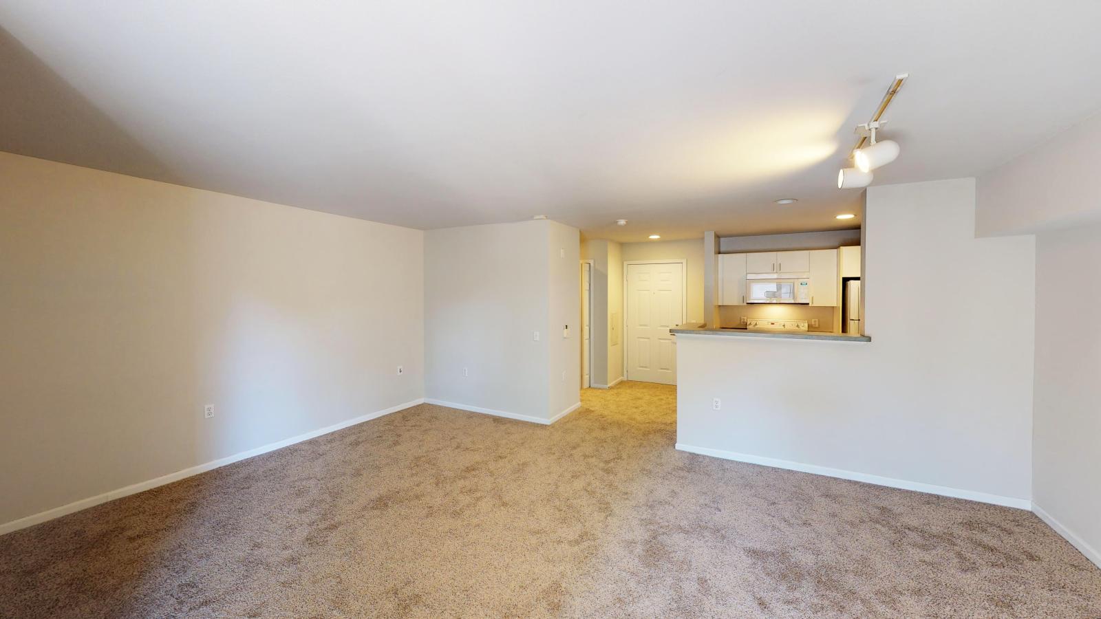 Studio apartment sleeping area with ample space and warm finishes at Wilson Bay