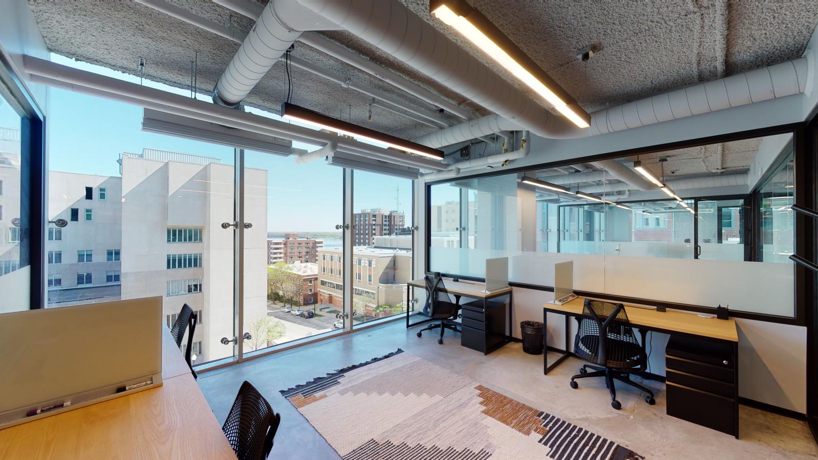 Modern office space and views showcased at Urban Office Coworking in downtown Madison 