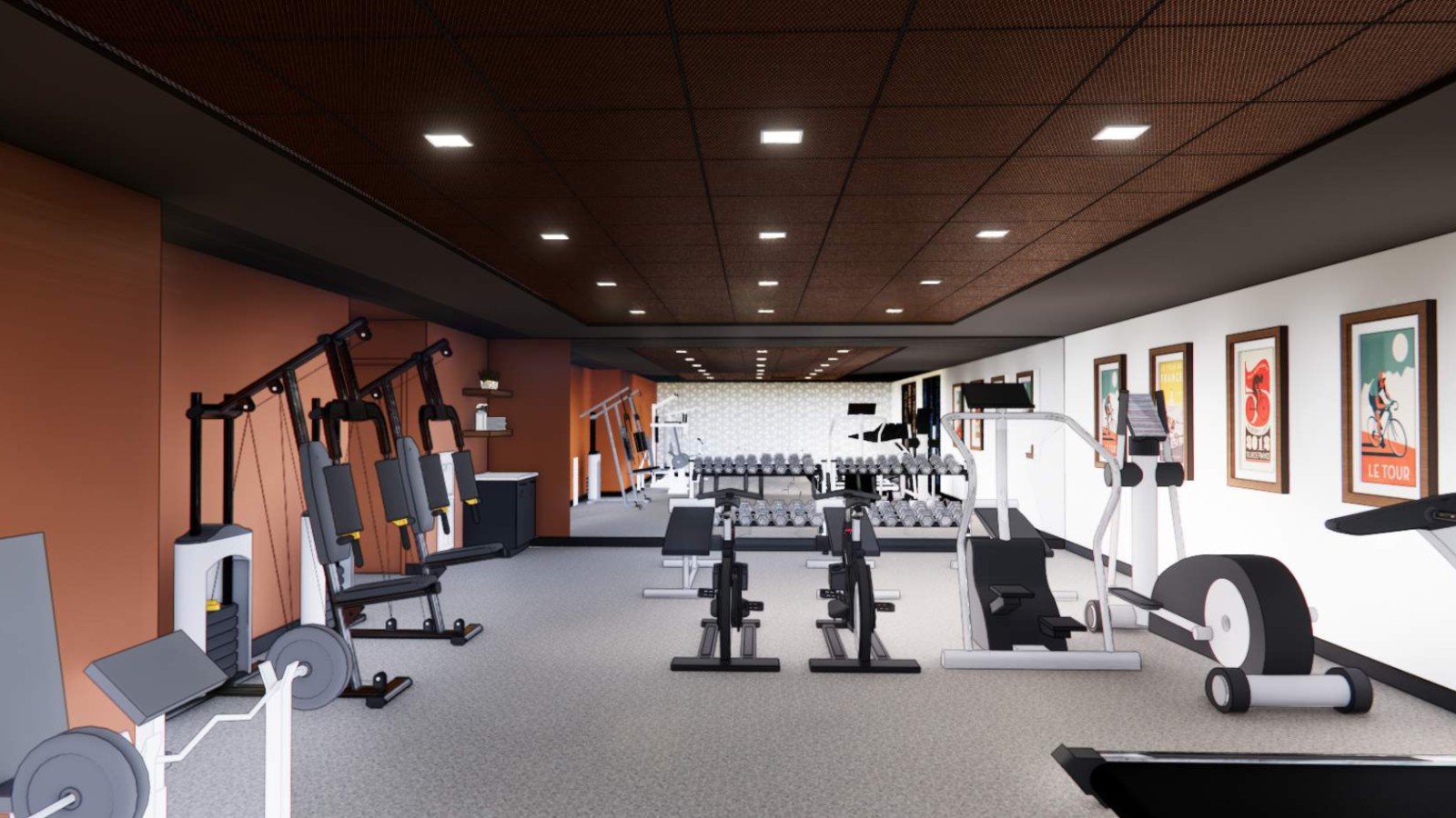 Modern apartment gym at The Penny Apartments in downtown Madison