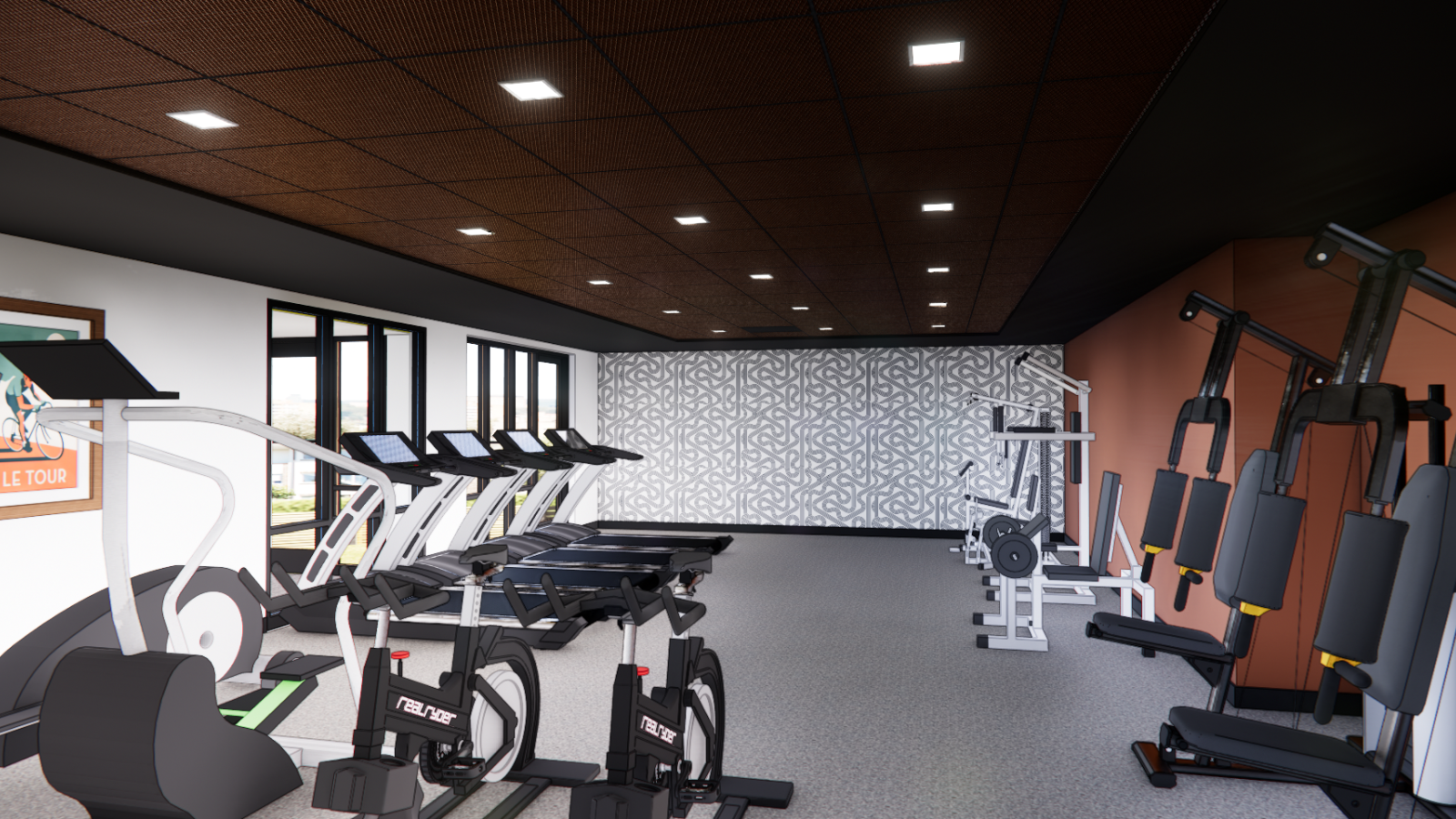 Fitness center at The Penny Apartments Madison WI with modern equipment and open layout