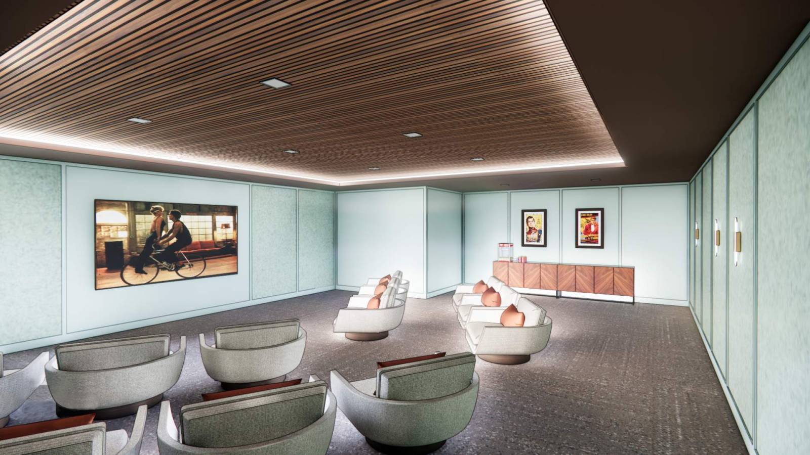 Theater room at The Penny Apartments Madison WI designed for resident entertainment