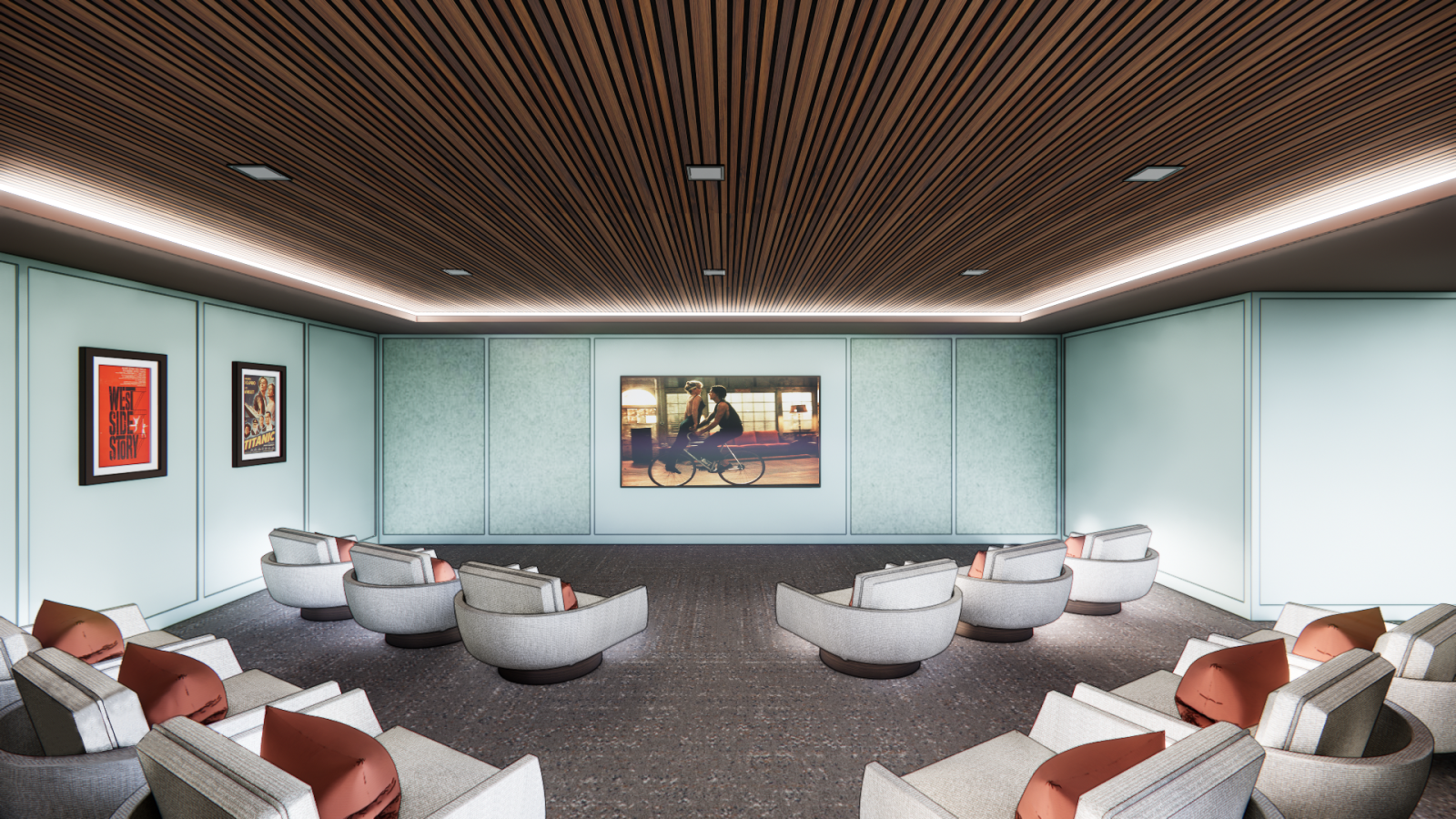 Theater room at The Penny Apartments Madison WI designed for resident entertainment