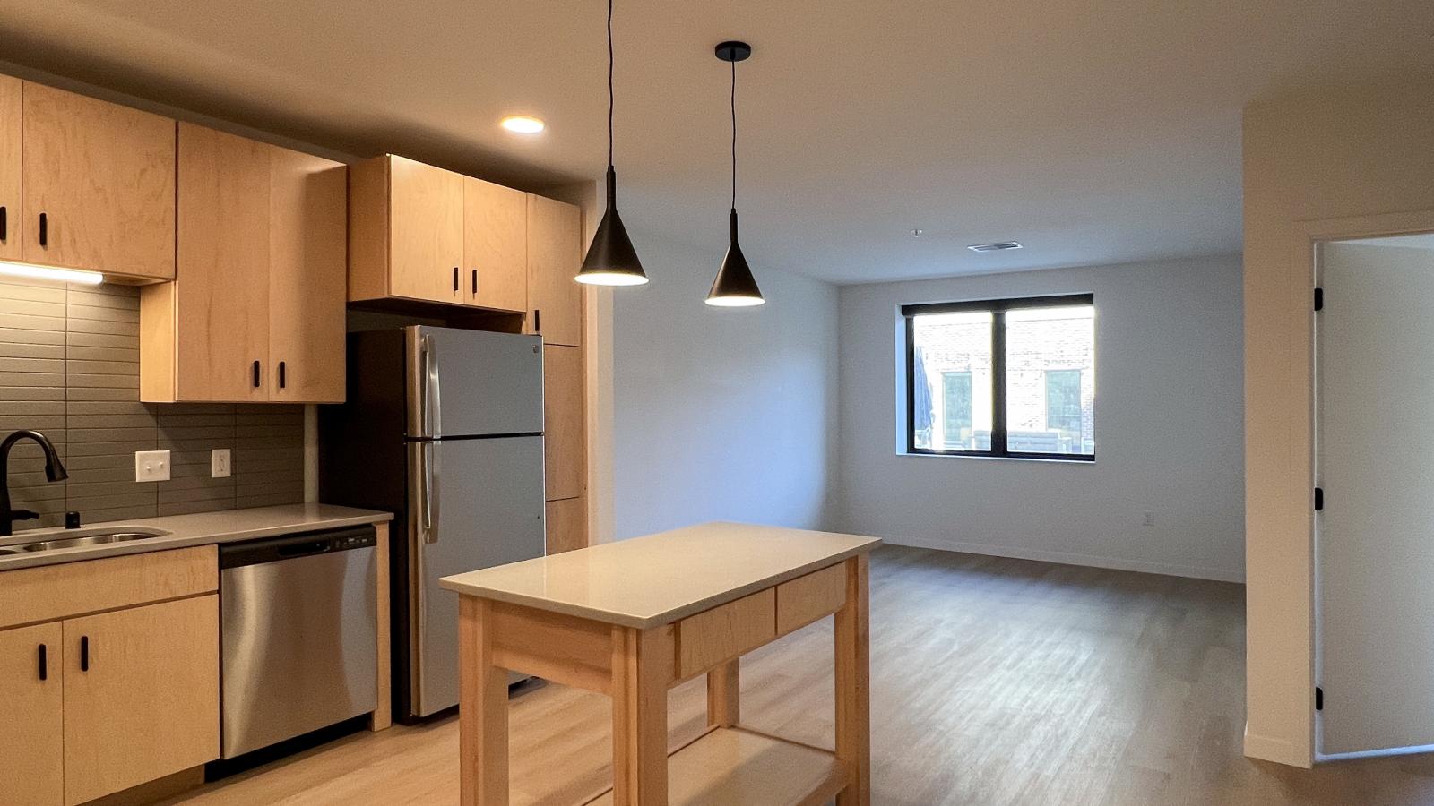 Open concept one bedroom + den apartment featuring modern kitchen with natural wood cabinetry, stainless steel appliances, kitchen island, pendant lighting, and spacious living area with large windows and natural light in downtown Madison