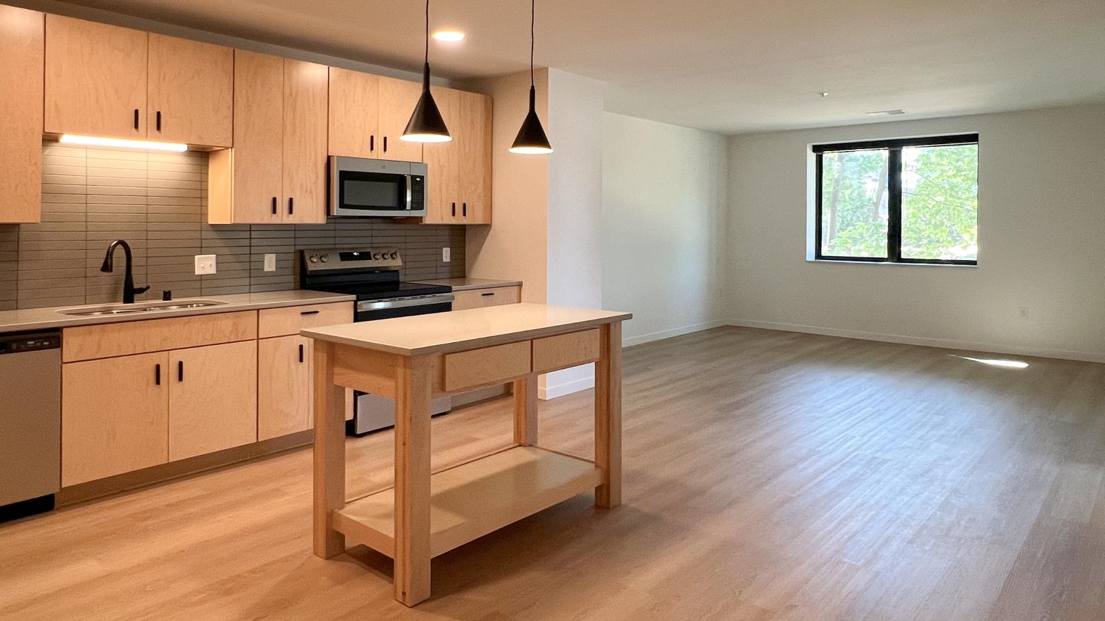 Open-concept kitchen and living area at The Irwin featuring natural wood cabinetry, matte black fixtures, modern pendant lighting, spacious layout, stainless steel appliances, and luxury vinyl flooring near downtown Madison.