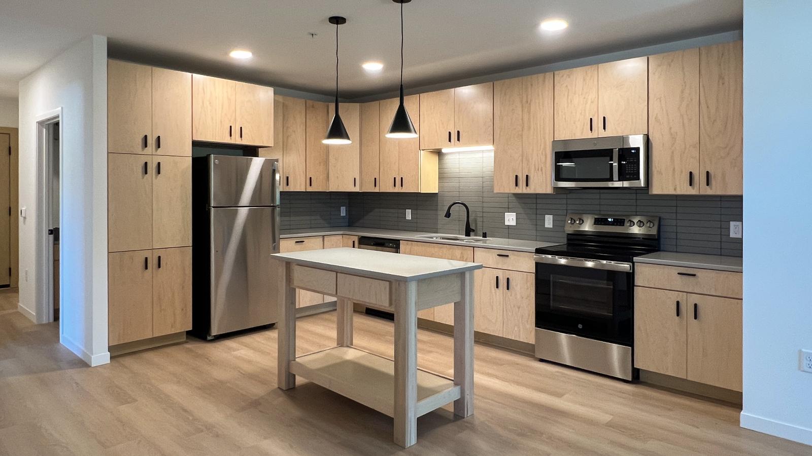 Modern apartment kitchen at The Irwin with oversized cabinetry, quartz countertops, stainless steel appliances, matte black hardware, kitchen island, and open-concept design in Madison’s Marquette neighborhood.