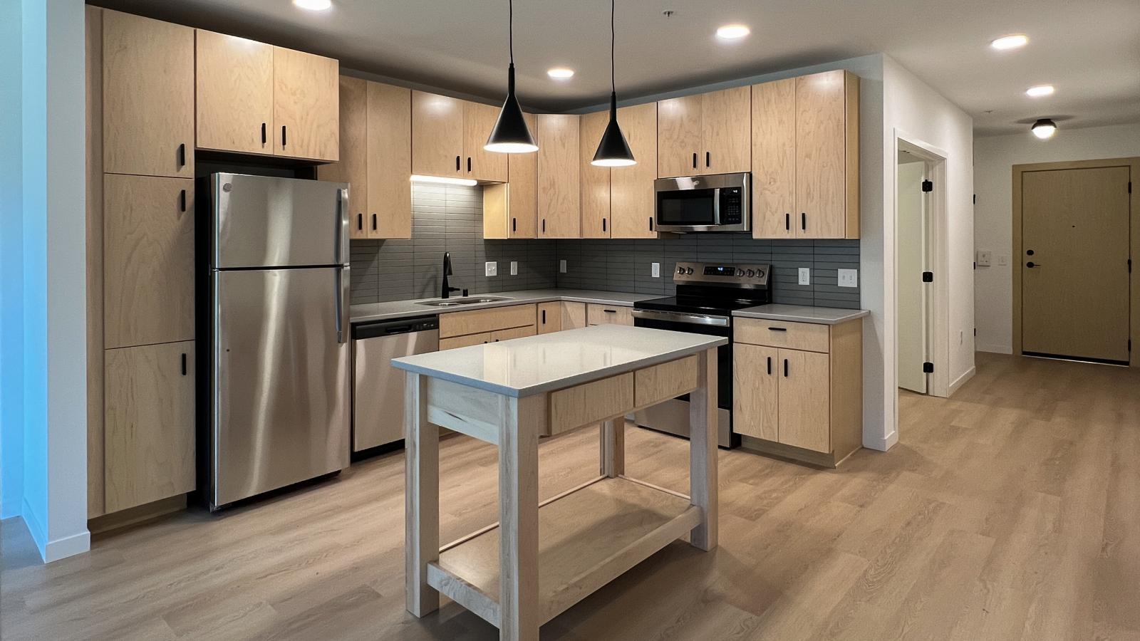 Modern apartment kitchen at The Irwin featuring quartz countertops, stainless steel appliances, matte black fixtures, natural wood cabinetry, kitchen island, and upscale contemporary finishes near downtown Madison.