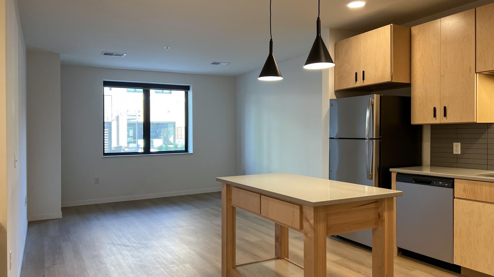 Open-concept living room and kitchen at The Irwin featuring oversized window, kitchen island, modern pendant lighting, stainless steel appliances, and contemporary apartment finishes near downtown Madison.