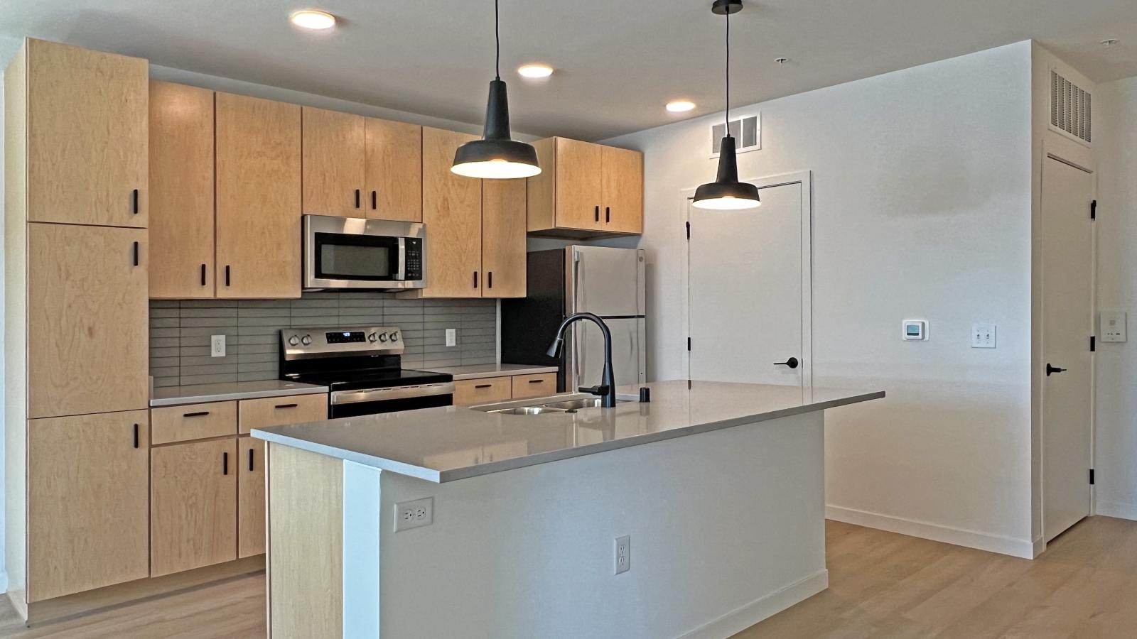 Modern one-bedroom apartment kitchen at The Irwin featuring quartz countertops, natural wood cabinetry, stainless steel appliances, matte black fixtures, large kitchen island, and open-concept living space in Madison’s Willy Street neighborhood.