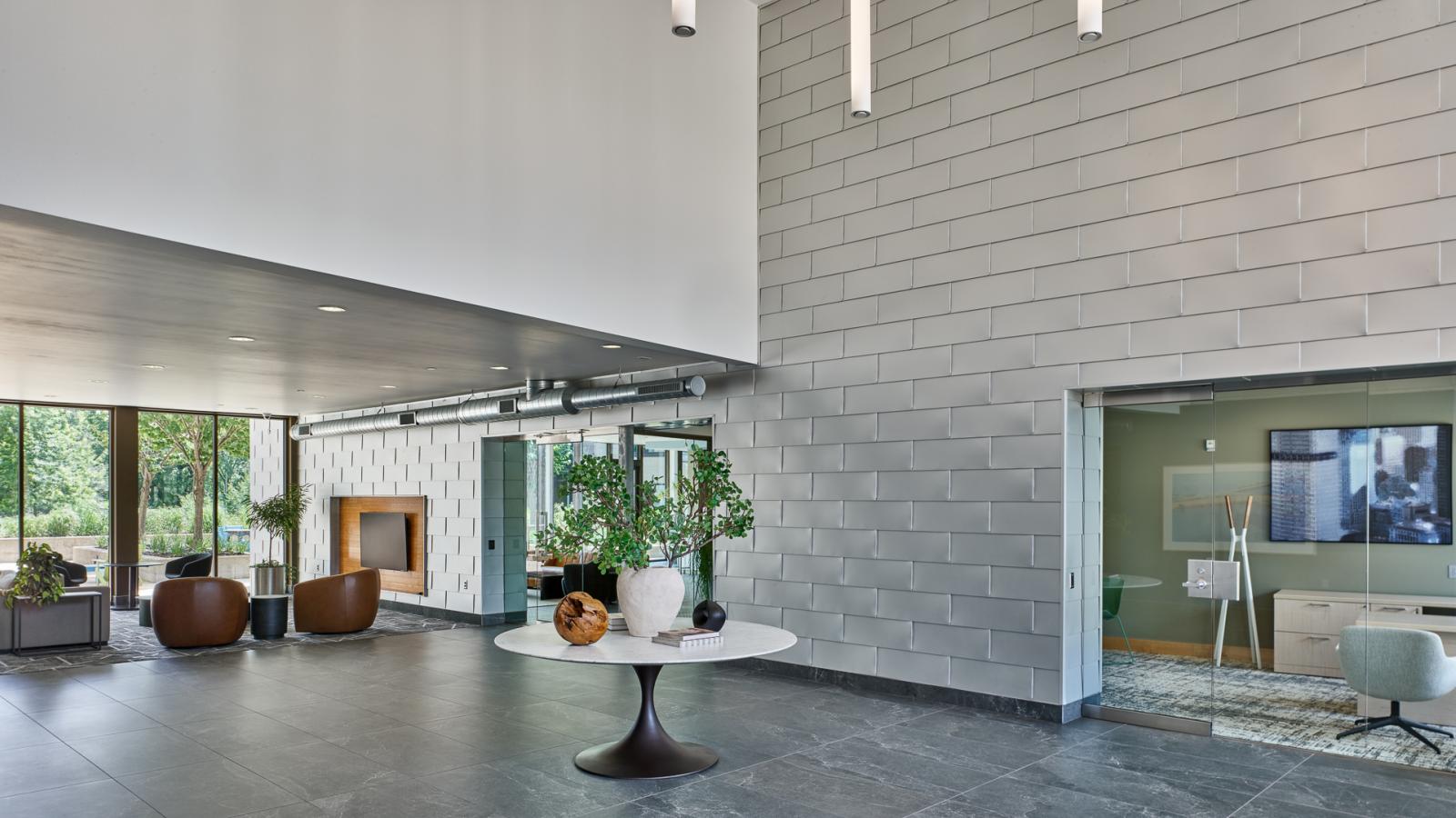 ULI Seven27 Apartments modern lobby with stunning natural light in downtown Madison
