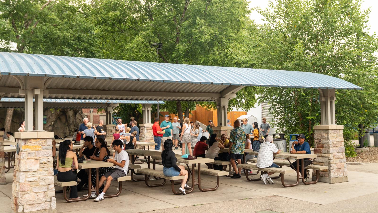 ULI employees and guests enjoying food, refreshments, and conversation during the annual company picnic at Henry Vilas Zoo