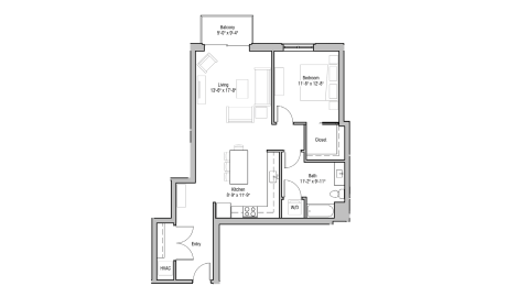 ULI 1722 Monroe 318 - One Bedroom, One Bathroom Floor Plan 