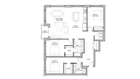 ULI 1722 Monroe 320 - Three Bedroom, Two Bathroom Floor Plan 
