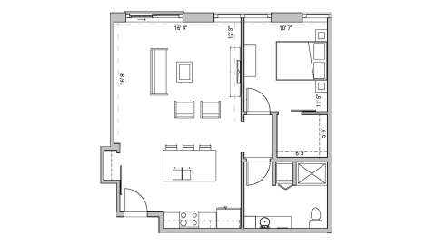 ULI Seven27 319 - One Bedroom, One Bathroom Floor Plan 