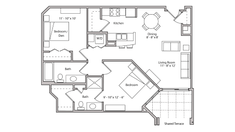 ULI The Depot 1-210 - One Bedroom Plus Den, Two Bathroom Floor Plan 