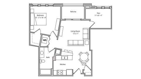 ULI The Depot 1-513 - One Bedroom Plus Den, One Bathroom Floor Plan 