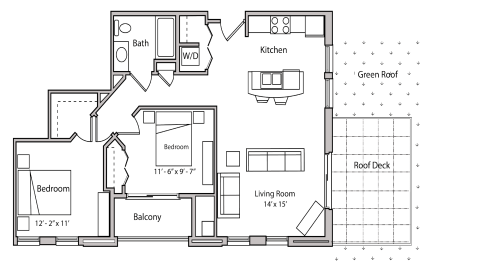 ULI The Depot 2-410 - Two Bedroom, One Bathroom Floor Plan 