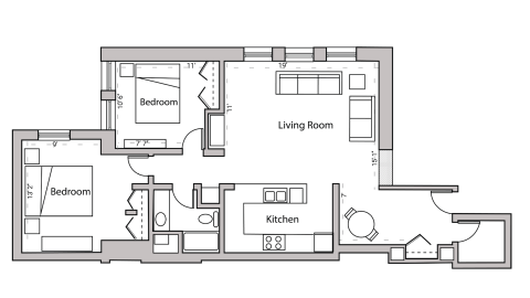 ULI Lincoln School 101 - Two Bedroom, One Bathroom Floor Plan 