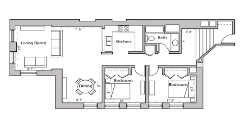 ULI Lincoln School 206 - Two Bedroom, One Bathroom Floor Plan 