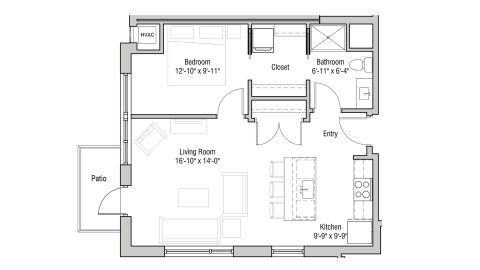 ULI Quarter Row 102 - One Bedroom, One Bathroom Floor Plan 