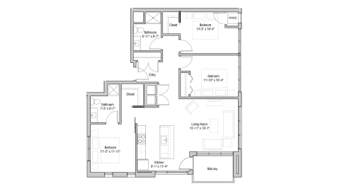 ULI Quarter Row 301 - Three Bedroom, Two Bathroom Floor Plan 
