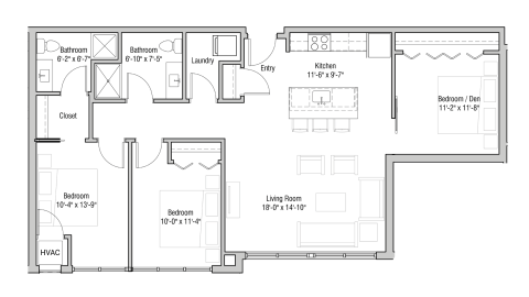 ULI Quarter Row 416 - Two Bedroom, Two Bathroom Floor Plan 