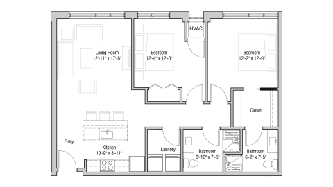 ULI Quarter Row 217 - Two Bedroom, Two Bathroom Floor Plan 
