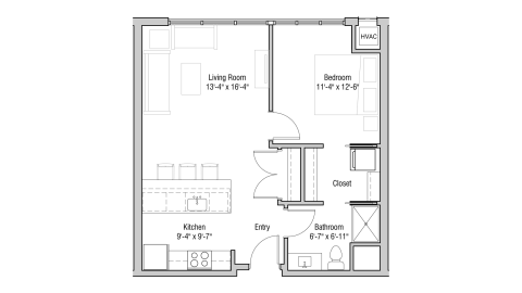 ULI Quarter Row 221 - One Bedroom, One Bathroom Floor Plan 