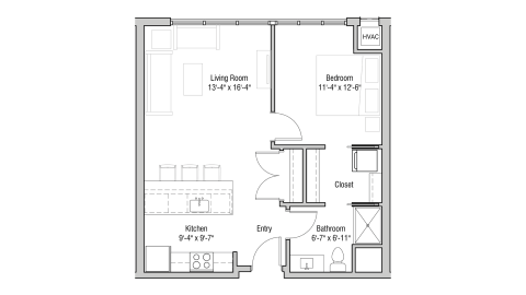 ULI Quarter Row 419 - One Bedroom, One Bathroom Floor Plan 