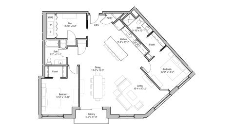 ULI 1722 Monroe 217 - Two Bedroom, Two Bathroom Floor Plan 