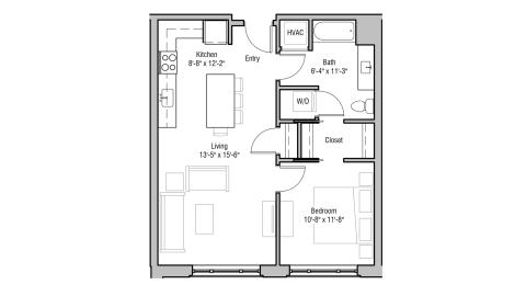 ULI 1722 Monroe 405 - One Bedroom, One Bathroom Floor Plan 