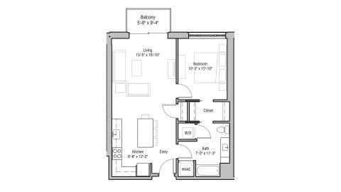 ULI 1722 Monroe 406 - One Bedroom, One Bathroom Floor Plan 