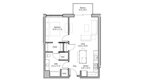 ULI 1722 Monroe 408 - One Bedroom, One Bathroom Floor Plan 
