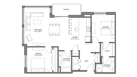 ULI Nine Line 203 - Two Bedroom, Two Bathroom Floor Plan 