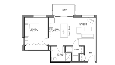 ULI Nine Line 401 - One Bedroom, One Bathroom Floor Plan 